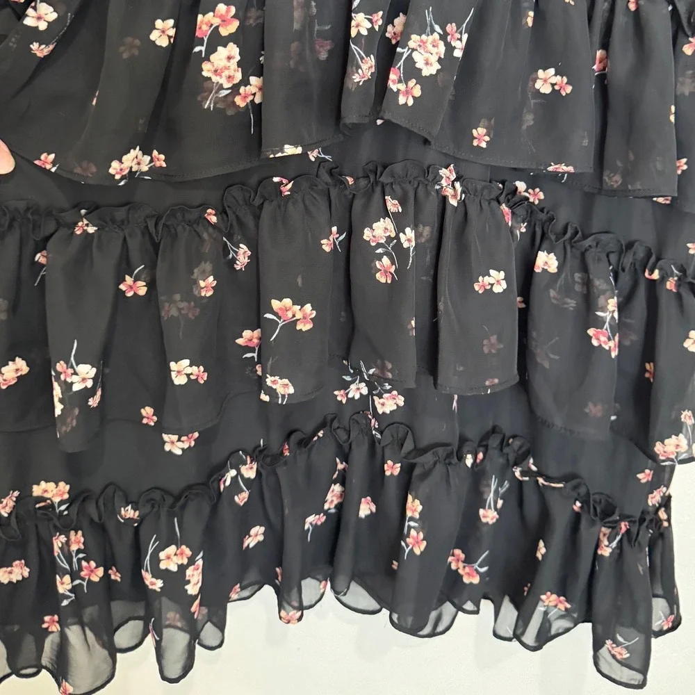 Lulu's Growing Affection Black Floral Print Ruffled Mini Dress Size Small